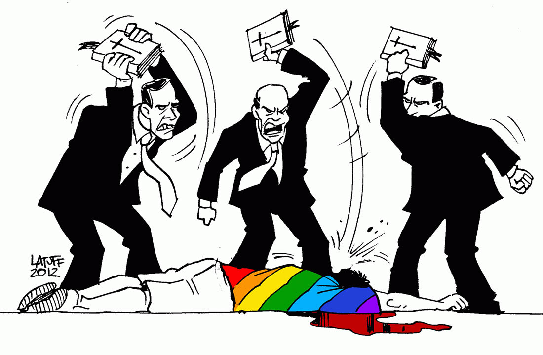   &nbsp;Desenho de Latuff mostra onda conservadora contra LGBT. Entre 2003 e 2010, 1.239 pessoas são assassinadas por causa da violência homofóbica