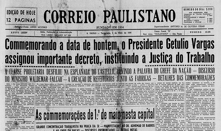   Manchete do &quot;Correio Paulistano&quot; noticia&nbsp; a cria&ccedil;&atilde;o da Justi&ccedil;a do Trabalho, em maio de 1939  &nbsp;  &nbsp;