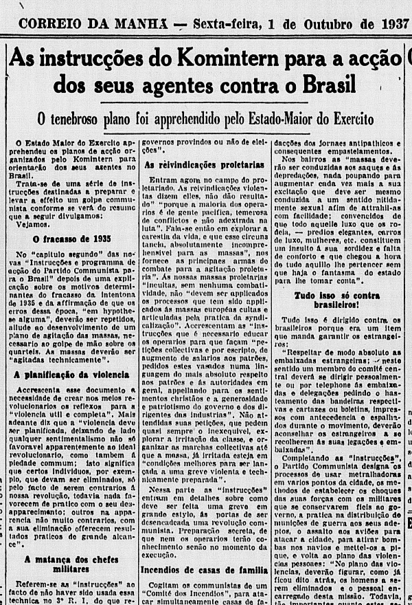   &nbsp;O &quot;Correio da Manh&atilde;&quot;&nbsp; noticia o Plano Cohen, em sua edi&ccedil;&atilde;o de 1&ordm; de outubro de 1937