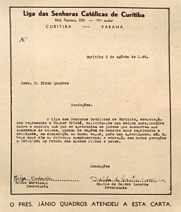   Carta da Liga das Senhoras Cat&oacute;licas de Curitiba publicada na revista&nbsp;&quot;O Cruzeiro&quot; em 1&ordm; de setembro de 1961