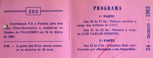  Convite para &quot;festa c&iacute;vico-recreativa&quot; com participa&ccedil;&atilde;o de artistas do CPC e palestra de Lu&iacute;s Carlos Prestes