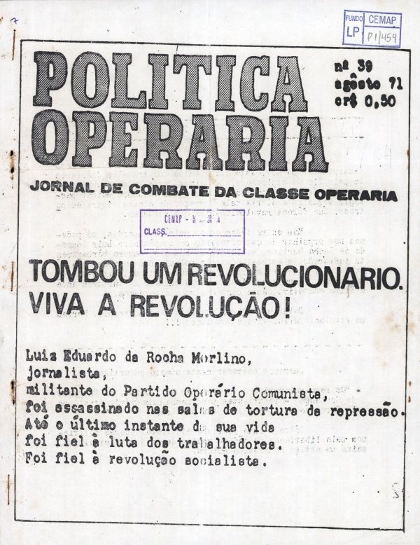   Capa do semanário "Política Operária",
  da organização Polop, edição nº 39 (agosto/1971)