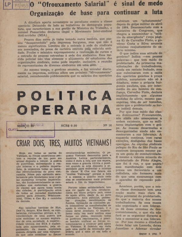   Capa do jornal "Política Operária",  edição nº 16 (março de 1968)