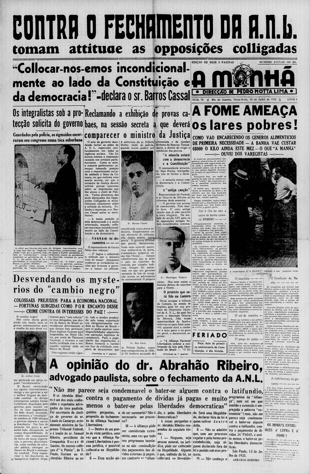   Primeira p&aacute;gina do jornal &quot;A Manhã&quot;, edi&ccedil;&atilde;o de 16 de julho de 1935&nbsp;