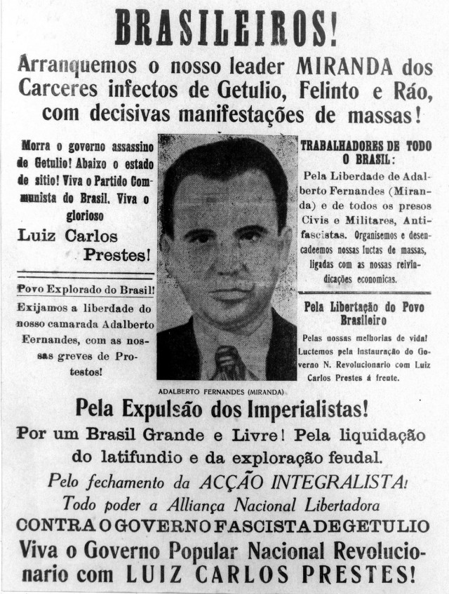   Panfleto denuncia  a prisão do membro do PCB Adalberto Fernandes, também conhecido como Ant&ocirc;nio Maciel Bonfim e Miranda