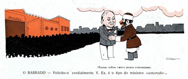   Um sovi&eacute;tico cumprimenta  Macedo Soares na porta de um pres&iacute;dio de onde sai uma multid&atilde;o. Charge de Storni publicada na revista &ldquo;Careta&rdquo; de 10 de julho de 1937&nbsp;