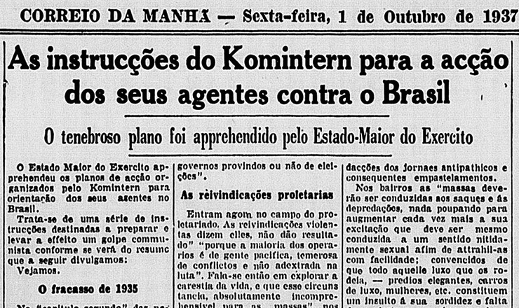  <strong> O "Correio da Manhã",</strong> edição de 1º de outubro de 1937, ajuda a divulgar a mentira