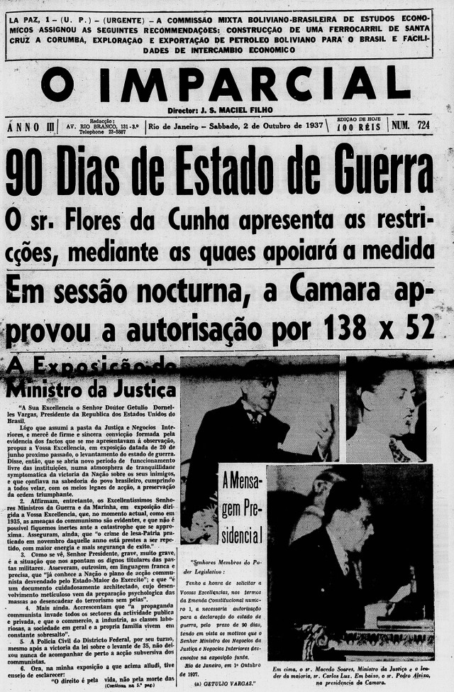   Na manchete, &quot;O Imparcial&quot; noticia  a vota&ccedil;&atilde;o que aprovou o estado de guerra. Edi&ccedil;&atilde;o de 2 de outubro de 1937&nbsp;