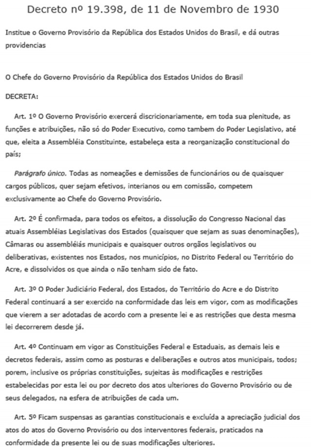   Texto do Decreto n&ordm; 19.389 de 11 de novembro de 1930