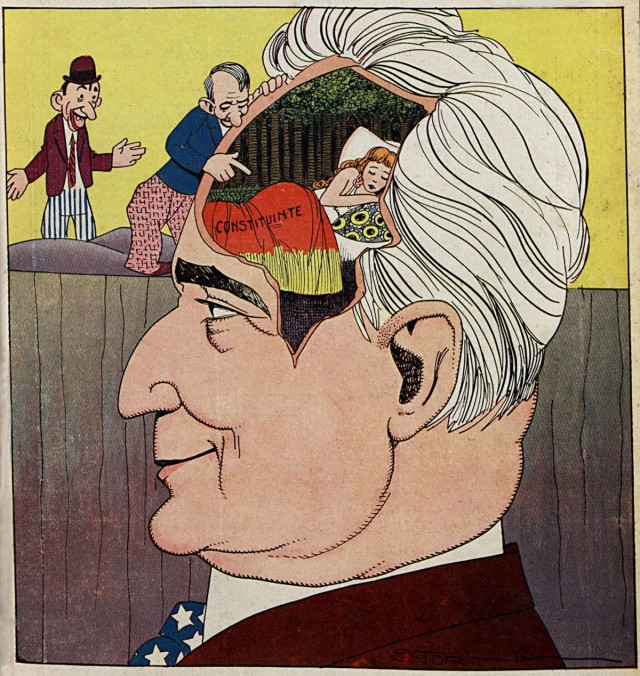   Caricatura publicada  seis meses antes mostra a Constituinte &ldquo;dormindo&rdquo; nos pensamentos de Get&uacute;lio. &ldquo;Careta&rdquo;, 4 de novembro de 1931
