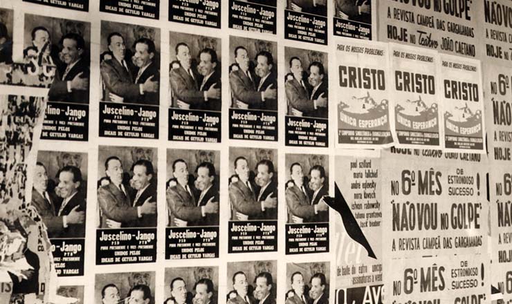       <strong> Nas ruas, cartazes da campanha eleitoral de 1955</strong> mostrando JK e Jango “unidos pelos ideais de Getúlio Vargas”