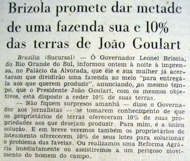       Notícia sobre a doação de terras de Brizola no “Jornal do Brasil”, 6 de fevereiro de 1962