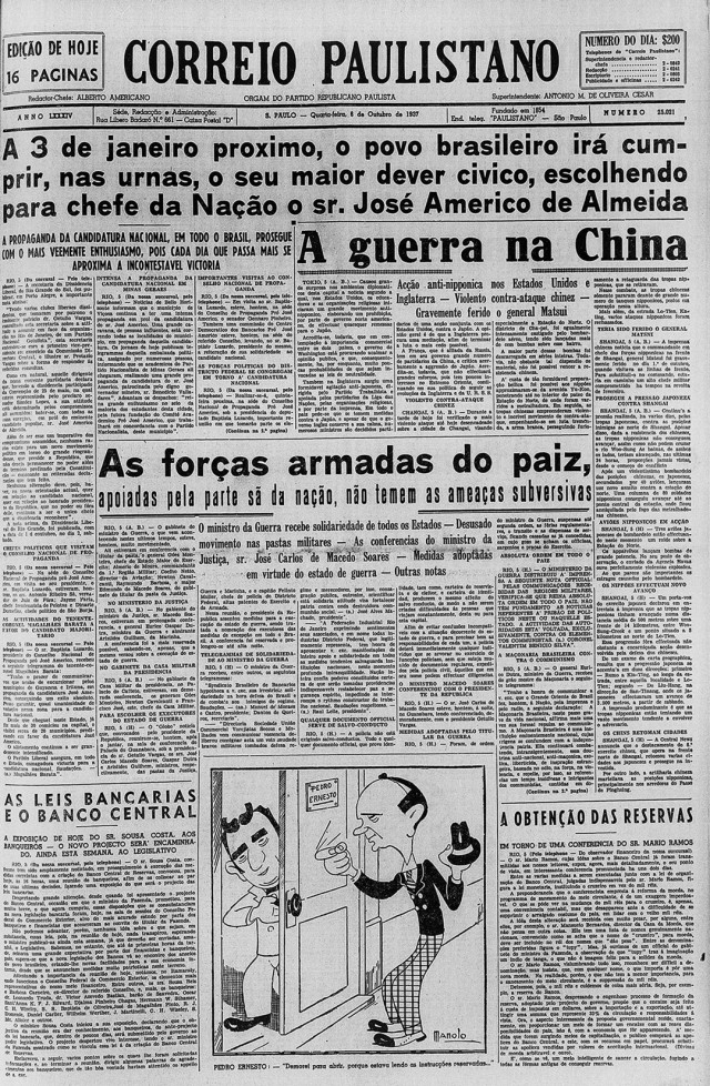   &quot;Dever c&iacute;vico&quot;: jornal&nbsp;&quot;Correio Paulistano&quot; faz&nbsp;campanha  aberta para José Américo de Almeida, na edi&ccedil;&atilde;o de 6&nbsp;de outubro de 1937