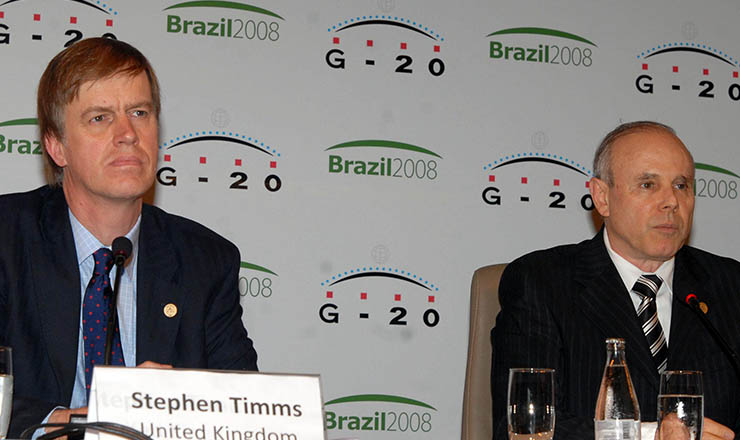  <strong> Timms (Reino Unido) e Mantega (Brasil): </strong> ministros da Fazenda do G-20 reunidos em São Paulo, 2008
