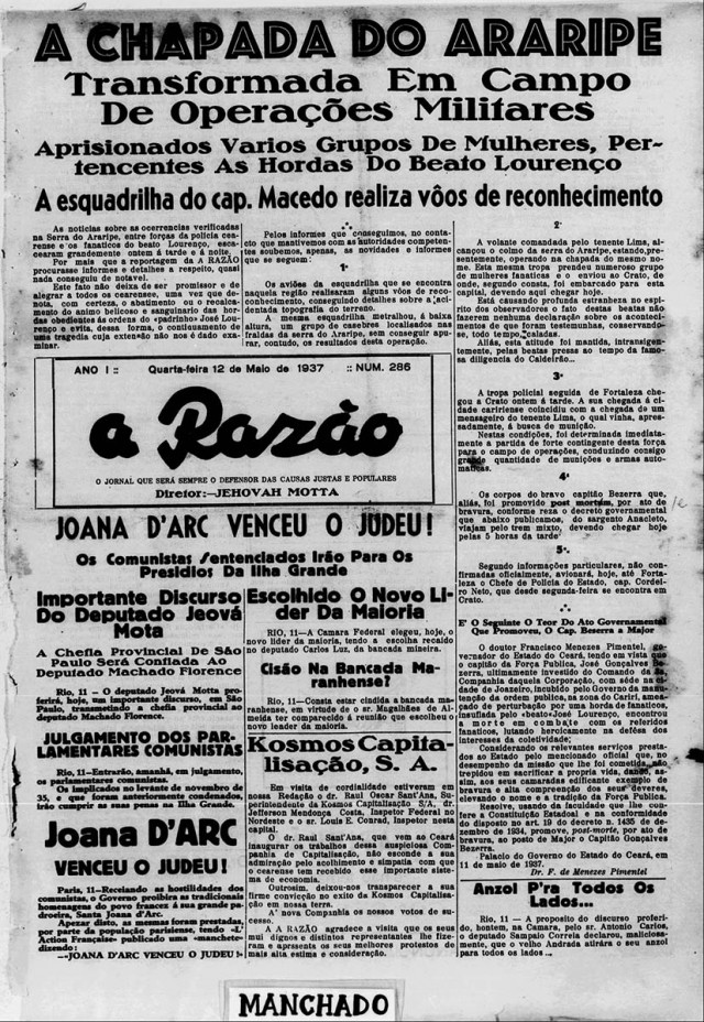  Capa do jornal &quot;A Raz&atilde;o&quot;, &quot;o&nbsp;jornal que ser&aacute; sempre defensor das causas justas e populares&quot;, de 12 de maio de 1937
