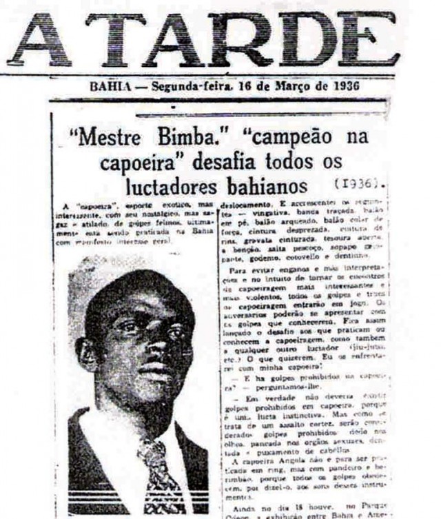  Mestra Bimba desafia todos os lutadores baianos no jornal A Tarde de 16 de mar&ccedil;o de 1936