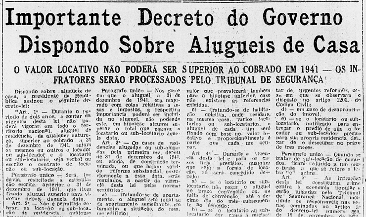  <strong> Notícia do decreto do governo regulando aluguéis </strong> publicada no "Diario Carioca" de 21 de agosto de 1942