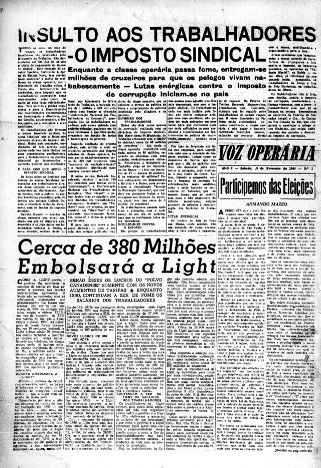  Edi&ccedil;&atilde;o n&uacute;mero 1 do jornal &quot;Voz Oper&aacute;ria&quot;