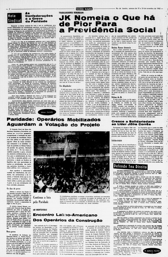   P&aacute;gina do jornal Novos Rumos,  do Partido Comunista Brasileiro, edi&ccedil;&atilde;o de 18 a 24 de novembro de 1960, traz um artigo&nbsp;e uma&nbsp;not&iacute;cia sobre a greve da paridade.