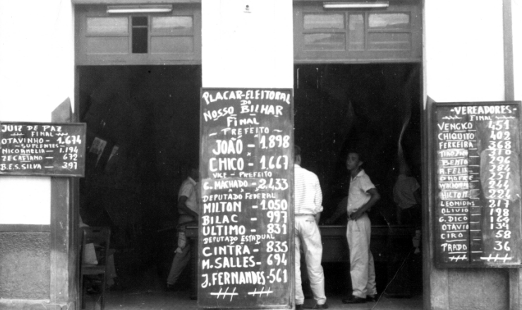  <strong> Placar com o resultado das eleições </strong> para prefeito, deputados e vereadores do pleito de 1958, na fachada de um bar em Paraisópolis, Minas Gerais
