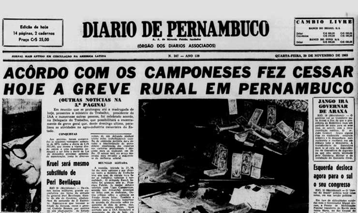  <strong> Jornal</strong> "Diario de Pernambuco" de 20 de novembro de 1963 destaca o acordo que pôs fim à greve