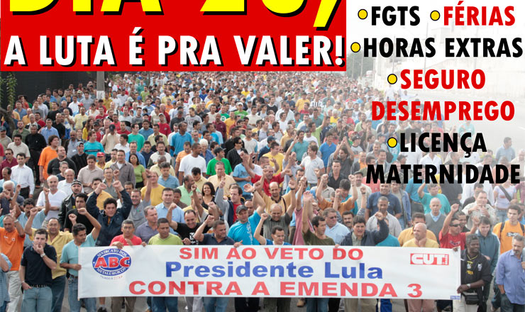 <strong> Panfleto distribuído pela Central Única dos Trabalhadores (CUT)</strong> , com foto da manifestação do dia 10 de abril contra a Emenda 3