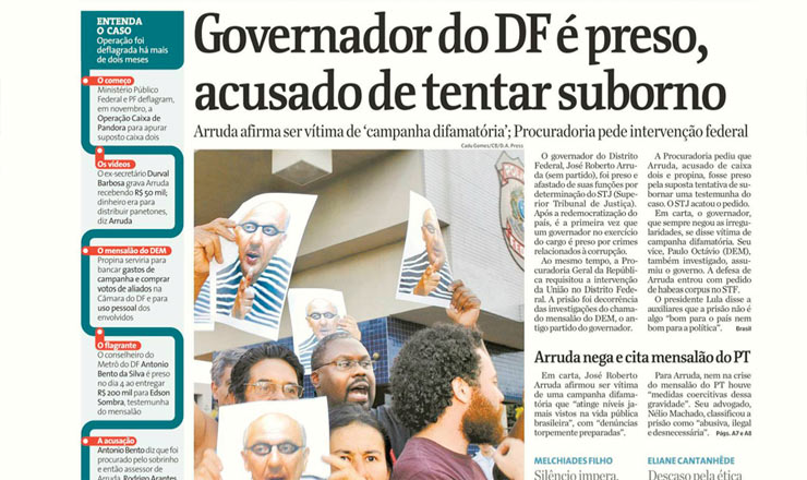  <strong> Capa da "Folha de S.Paulo" noticia </strong> prisão do governador José Roberto Arruda, do Distrito Federal