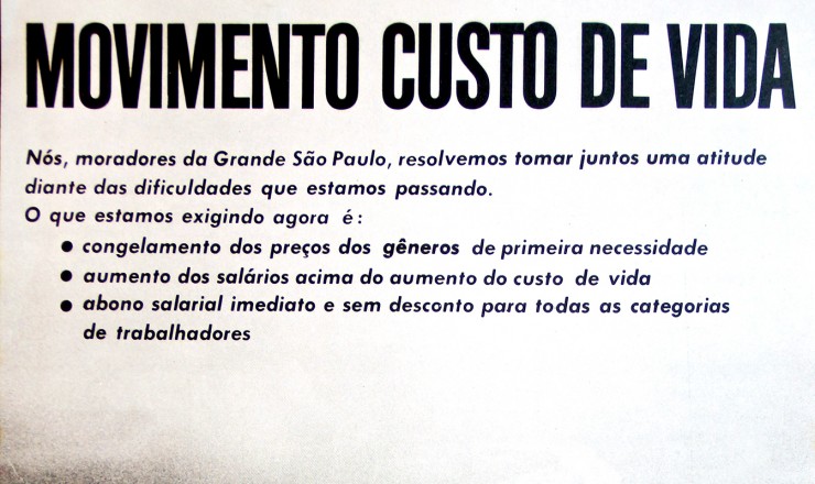   <strong> Cartaz do Movimento </strong> do Custo de Vida, organizado pelas Comunidades Eclesiais de Base (CEBs)   