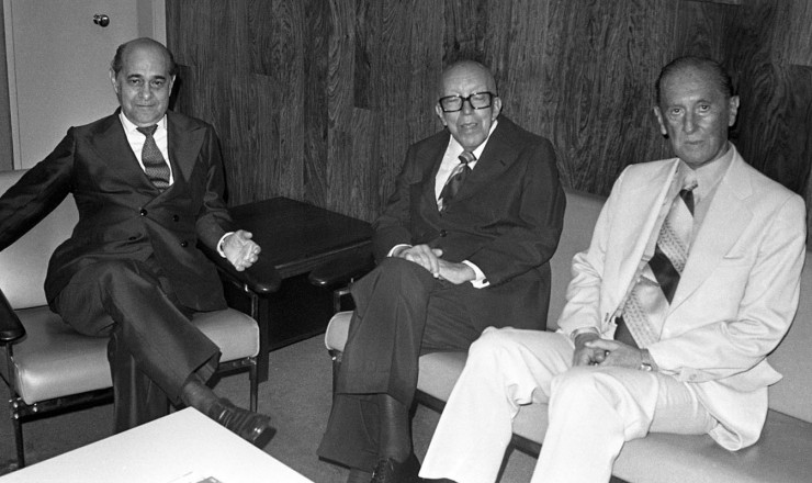  <strong> A cúpula do PP:</strong> Tancredo Neves, Magalhães Pinto e Herbert Levy (da esq. para a dir.)
