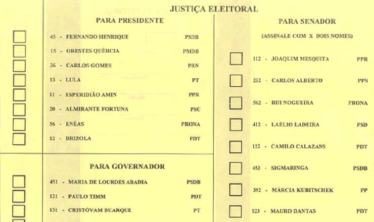  <strong> Cédula eleitoral do Distrito Federal, </strong> com os nomes dos candidatos à Presidência da República e para outros cargos locais; a eleição de 1994 foi a última em que foram utilizadas cédulas de papel