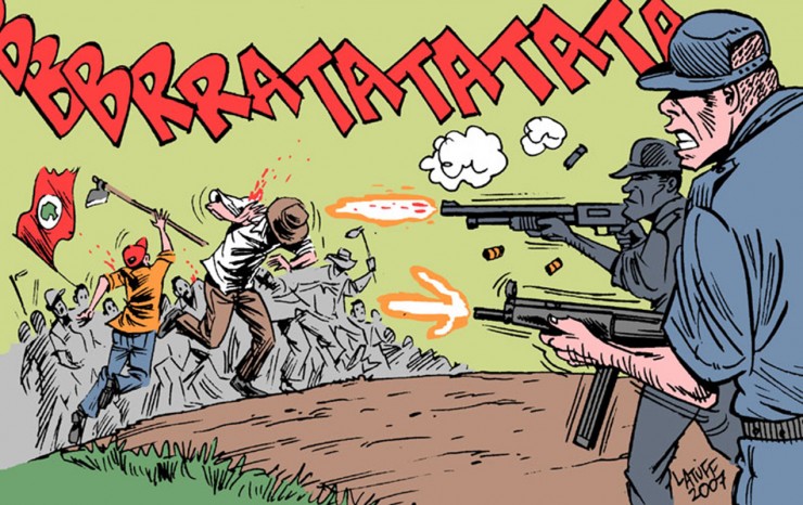  <strong> Ilustração do cartunista Carlos Latuff,</strong> de 2007, retrata o massacre de trabalhadores sem terras em Eldorado dos Carajás