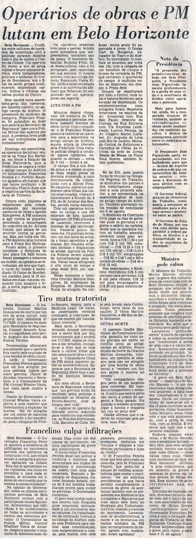   A morte de Oroc&iacute;lio e as repercuss&otilde;es da Revolta dos Pe&otilde;es de Belo Horizonte em reportagens do &quot;Jornal do Brasil&quot;