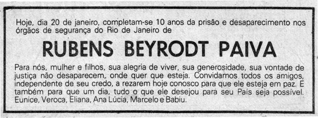   An&uacute;ncio da missa  de 10 anos da morte de Rubens Paiva&nbsp;publicado no Jornal do Brasil em 20/01/1981