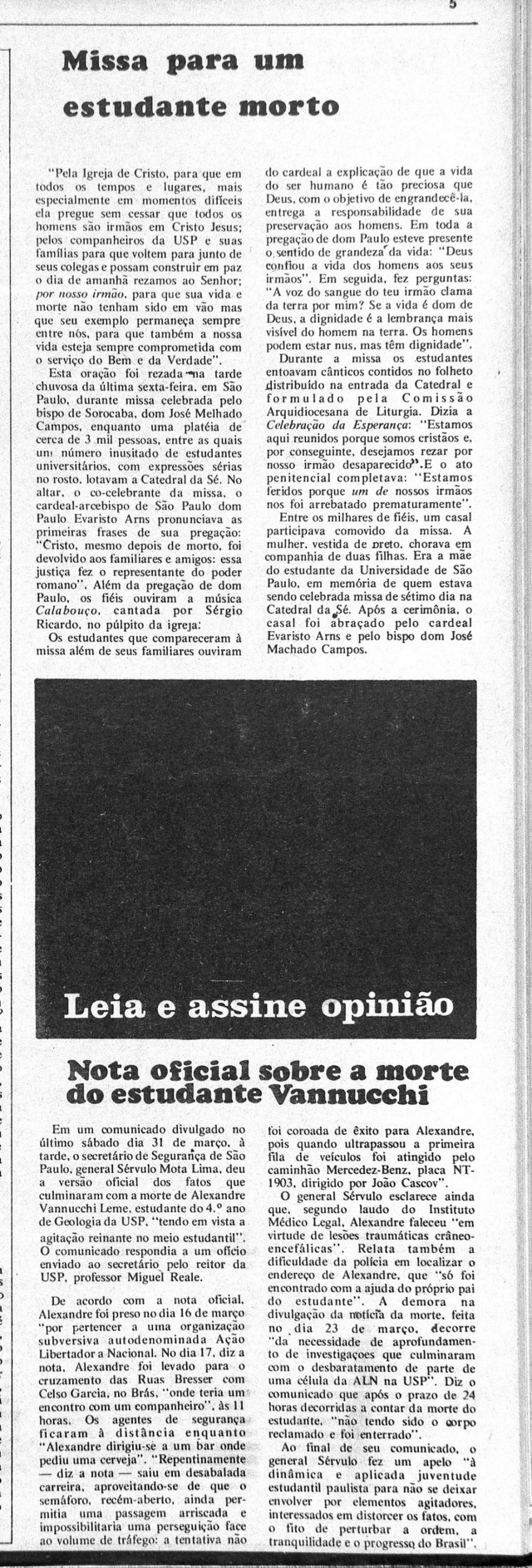  A tarja preta sinaliza mat&eacute;ria censurada sobre a morte de Alexandre Vannucchi, no jornal &quot;Opini&atilde;o&quot; n&ordm; 22, de 2 de abril de 1973