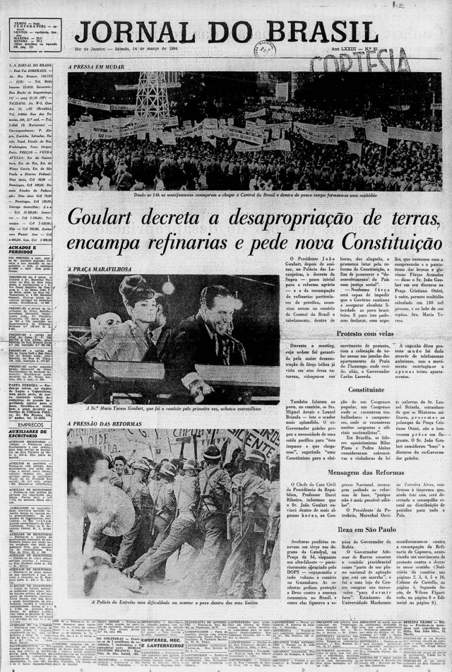  Com&iacute;cio da Central &eacute; capa da edi&ccedil;&atilde;o de 14 de mar&ccedil;o de 1964 do &quot;Jornal do Brasil&quot;