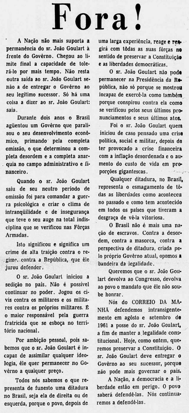  Editorial do &quot;Correio da Manh&atilde;&quot; de 1&ordm; de abril &nbsp;1964 pede a ren&uacute;ncia do presidente Jo&atilde;o Goulart