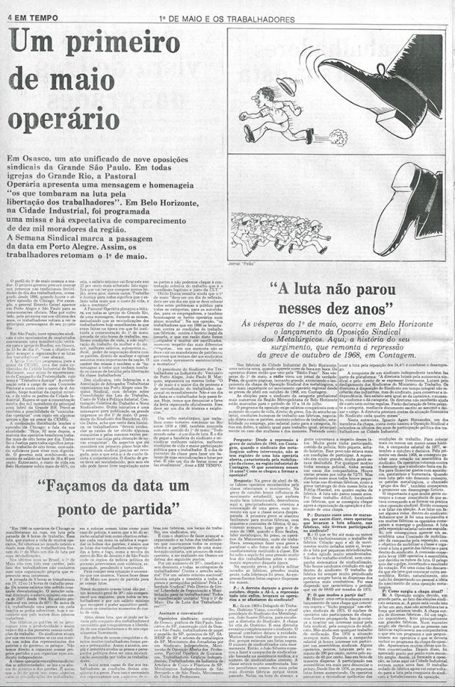  Jornal &quot;Em Tempo&quot;, de&nbsp;1&ordm; de maio de 1978, destaca o confronto entre empregados e empres&aacute;rios e a organiza&ccedil;&atilde;o do movimento sindical no pa&iacute;s