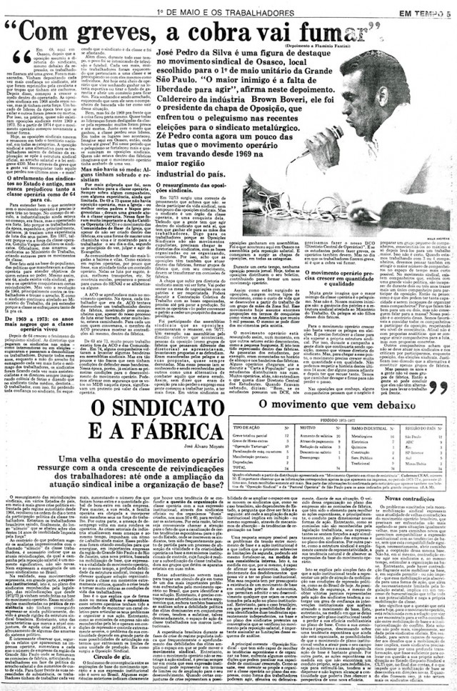  Jornal &quot;Em Tempo&quot;, de&nbsp;1&ordm; de maio de 1978, destaca o confronto entre empregados e empres&aacute;rios e a organiza&ccedil;&atilde;o do movimento sindical no pa&iacute;s