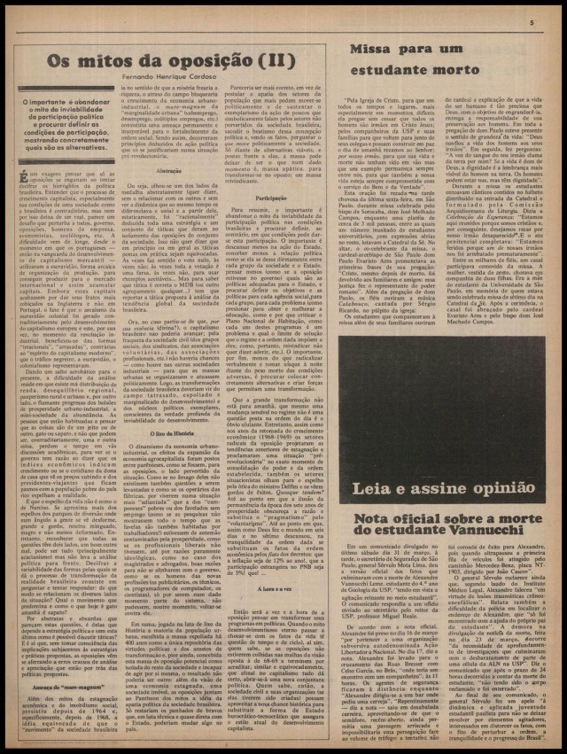   Notícia censurada  sobre a morte de Alexandre Vannucchi na edição de 2 de abril de 1973 de "Opinião"