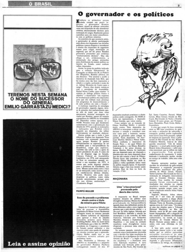   "Opinião"  aplicou tarja preta em página para explicitar a censura de matéria sobre sucessão presidencial em junho de 1973   