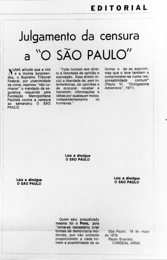  Editorial de "O São Paulo" contra a censura, assinado por d. Paulo Evaristo Arns, traz trechos em branco, sinalizando vetos dos censores, em maio de 1974