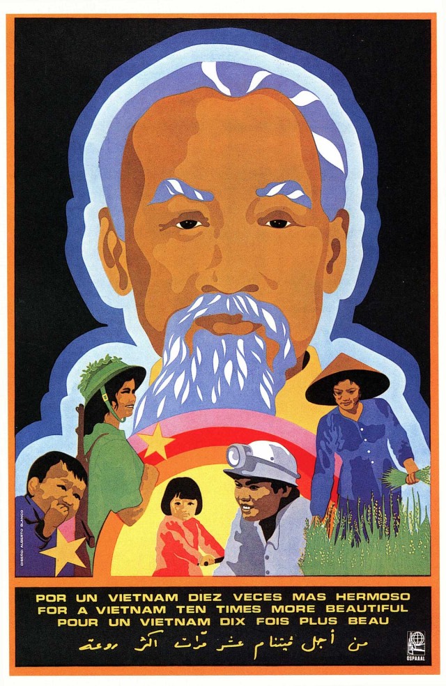  Ilustra&ccedil;&atilde;o sobre Ho Chi-Minh, s&iacute;mbolo da resist&ecirc;ncia no Vietn&atilde;, em cartaz da Organiza&ccedil;&atilde;o de Solidariedade aos Povos da &Aacute;sia, &Aacute;frica e Am&eacute;rica Latina (Ospaaal)