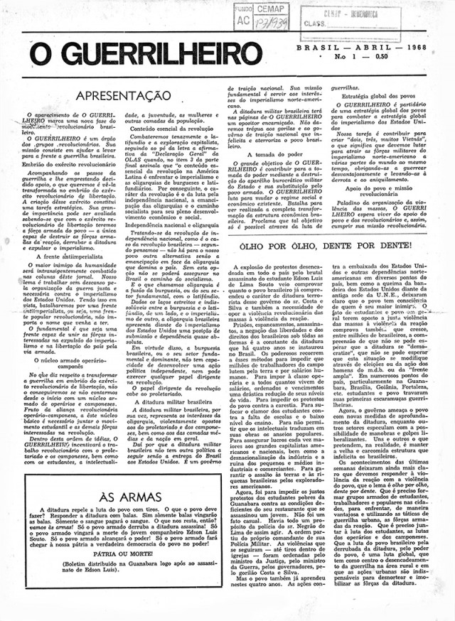  Primeira edi&ccedil;&atilde;o de &quot;O Guerrilheiro&quot; (abril de 1968),&nbsp;publica&ccedil;&atilde;o destinada a defender a luta armada como forma de luta revolucion&aacute;ria