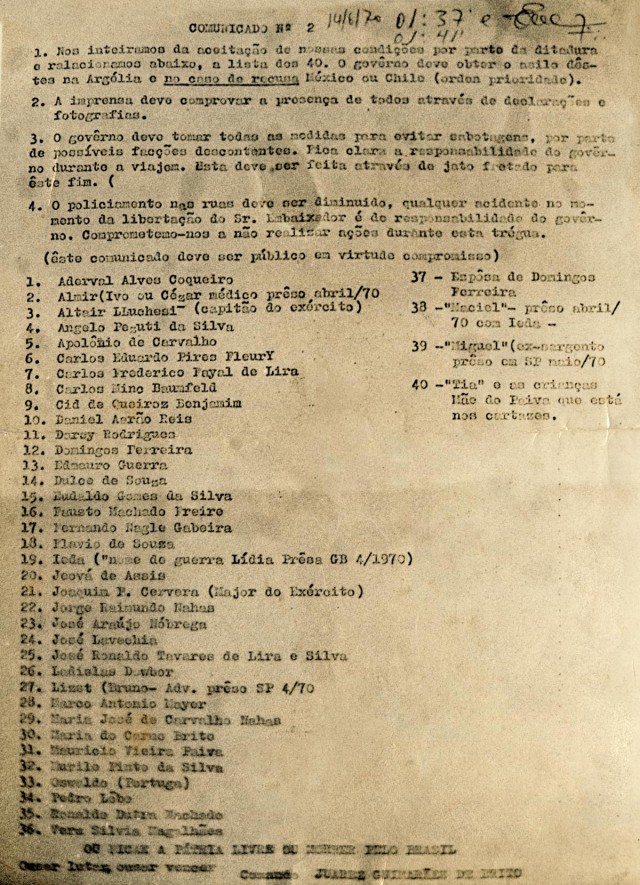   Comunicado n&ordm; 2 dos sequestradores com a lista dos presos pol&iacute;ticos a serem trocados