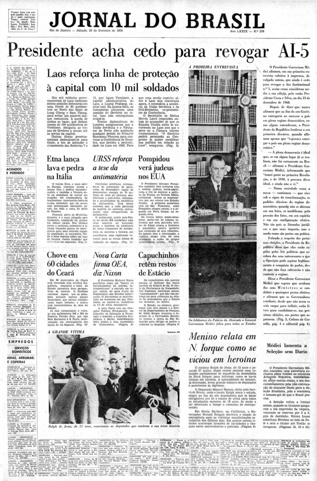   Entrevista coletiva&nbsp; do presidente &eacute; manchete do &quot;Jornal do Brasil&quot; de 28 de fevereiro de 1970