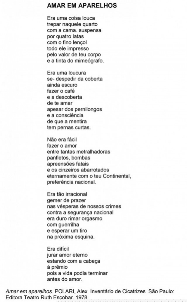  &quot;Amar em Aparelhos&quot;, poesia de Alex Polari publicada no livro &quot;Invent&aacute;rio de Cicatrizes&quot;, Editora Teatro Ruth Escobar, 1978