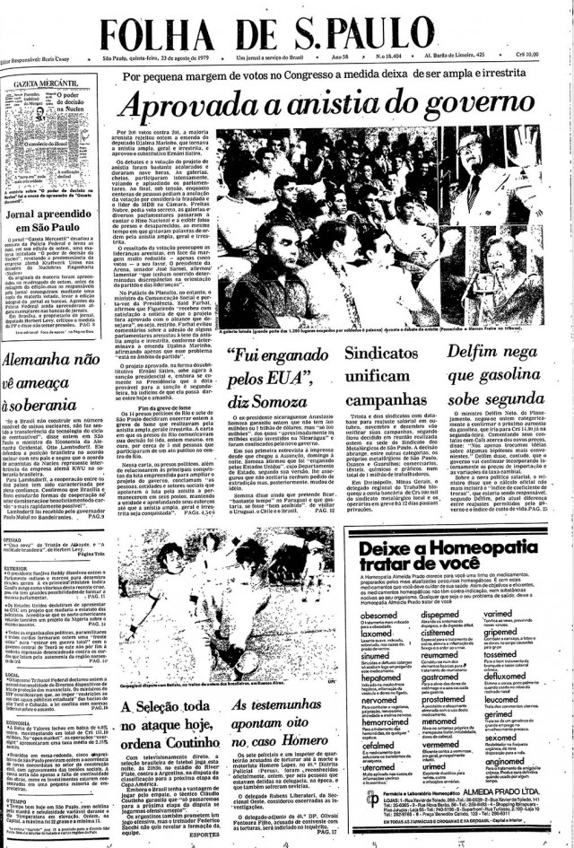  A aprova&ccedil;&atilde;o da Lei da Anistia &eacute; manchete da &quot;Folha de S.Paulo&quot; de 23 de agosto de 1979