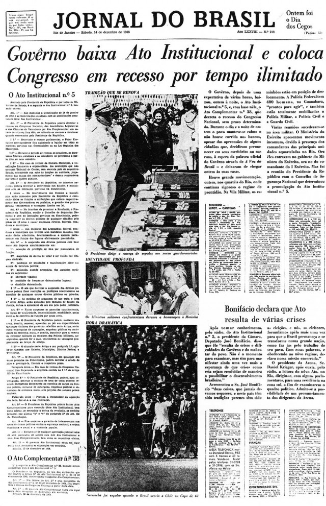  Capa do &quot;Jornal do Brasil&quot; registra em manchete a promulga&ccedil;&atilde;o do AI-5, que fechou o Congresso Nacional