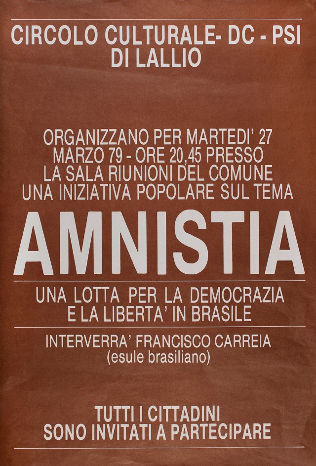  Cartaz de divulga&ccedil;&atilde;o de ato pr&oacute;-anistia no Brasil realizado em Lombardia, It&aacute;lia, mar&ccedil;o de 1979