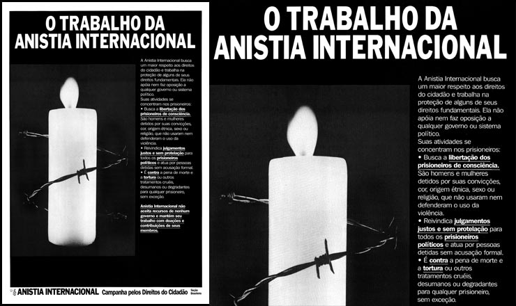   <strong> Cartaz da Anistia </strong> Internacional, seção brasileira, divulga suas ações    